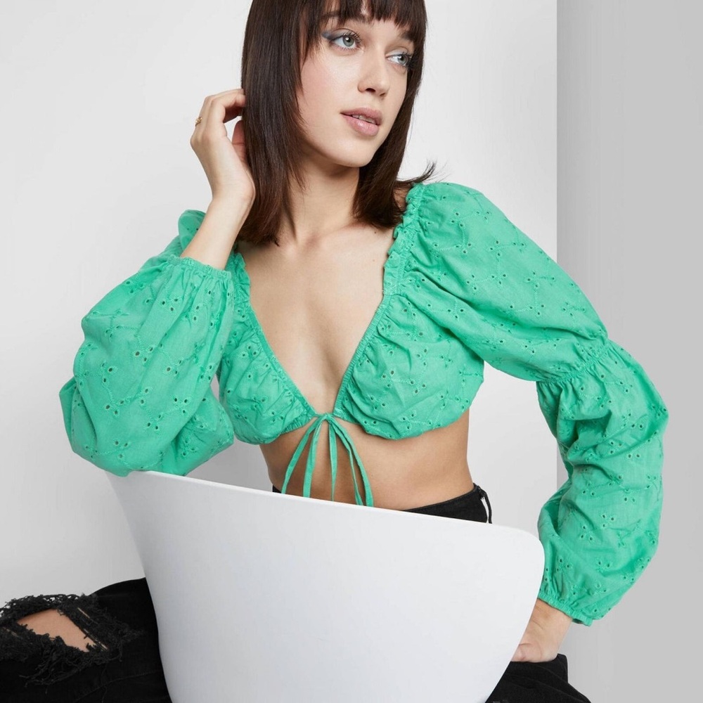Wild Fable Women's Puff Long Sleeve Milkmaid Tiny Top Green L